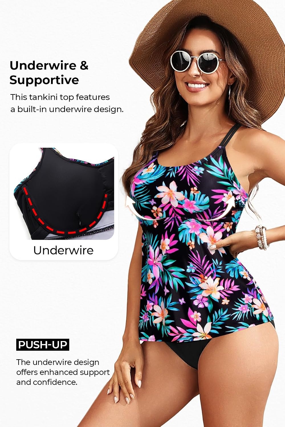 Women Underwire Tankini Top Only – Supportive Flowy Swimsuit Top(Colorful Floral)