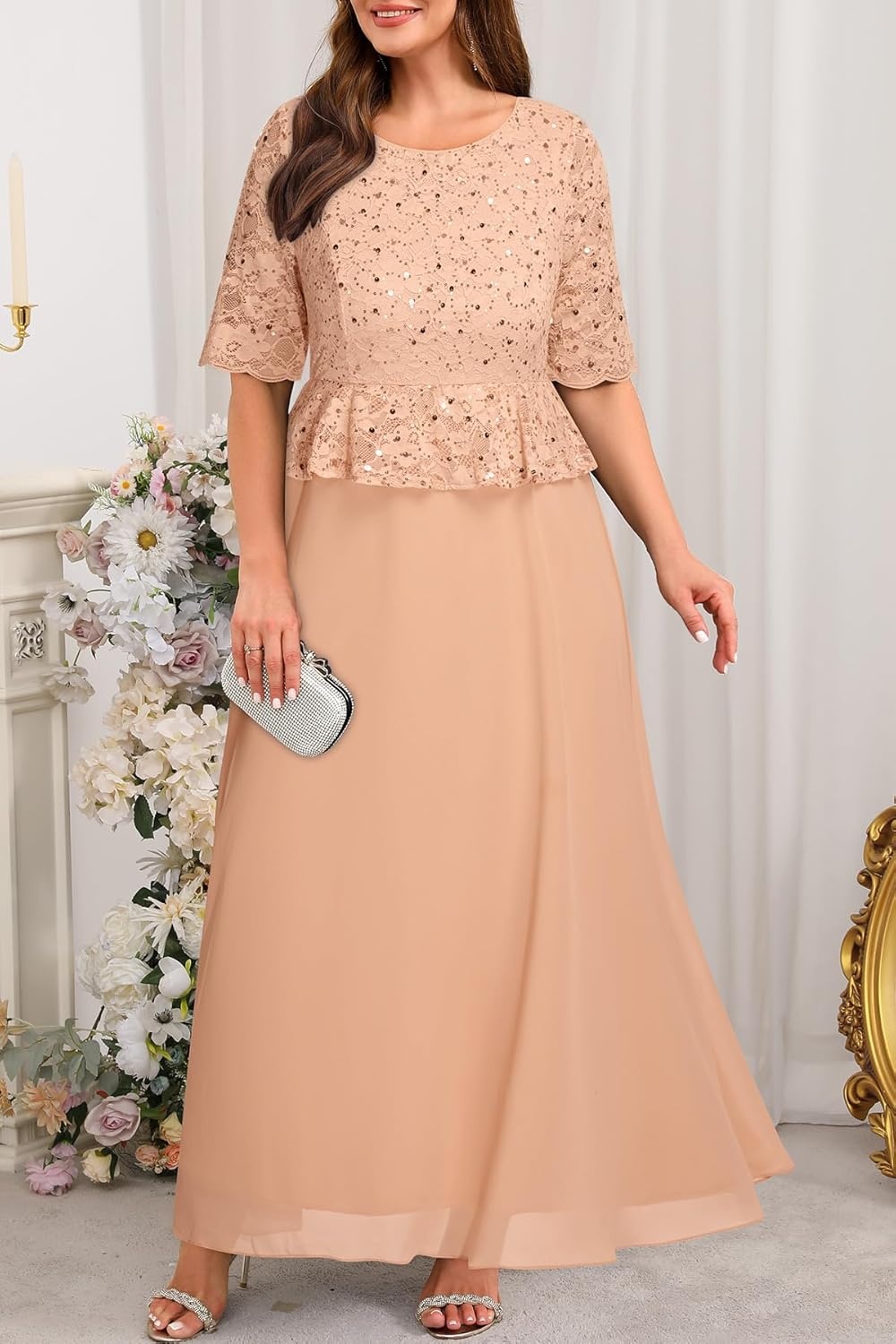 Mother of The Bride Dresses Plus Size Champagne Formal Wedding Guest Evening Gowns Sequin Lace Bodice Long Dress Women