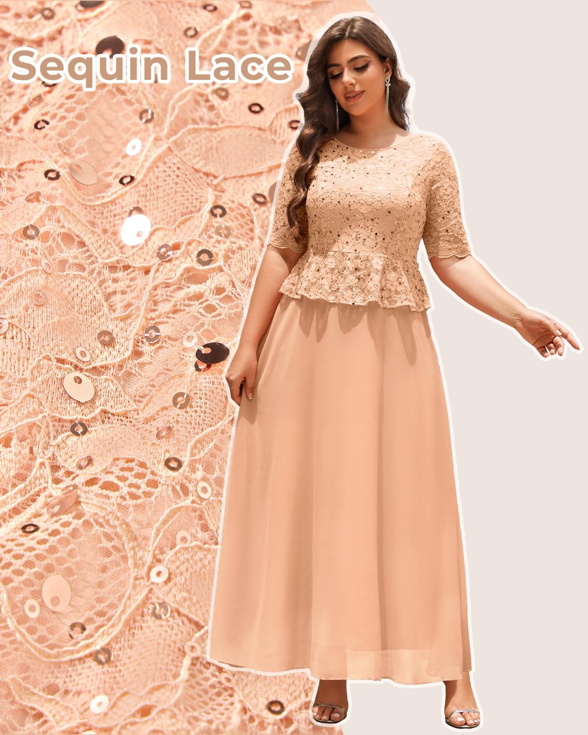 Mother of The Bride Dresses Plus Size Champagne Formal Wedding Guest Evening Gowns Sequin Lace Bodice Long Dress Women