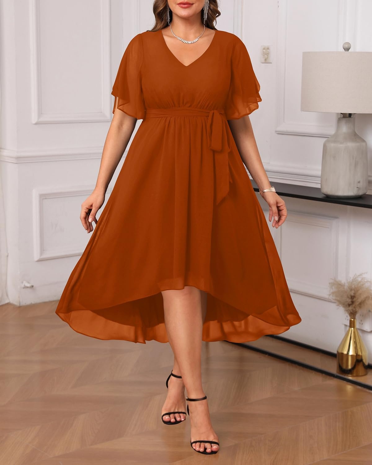 Talisea Plus Size Dresses Wedding Guest – Formal Cocktail Chiffon V Neck Short Sleeve High Low Dress Curvy Women(Burnt Orange)