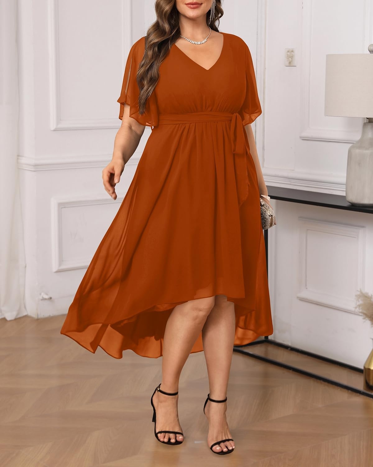 Talisea Plus Size Dresses Wedding Guest – Formal Cocktail Chiffon V Neck Short Sleeve High Low Dress Curvy Women(Burnt Orange)