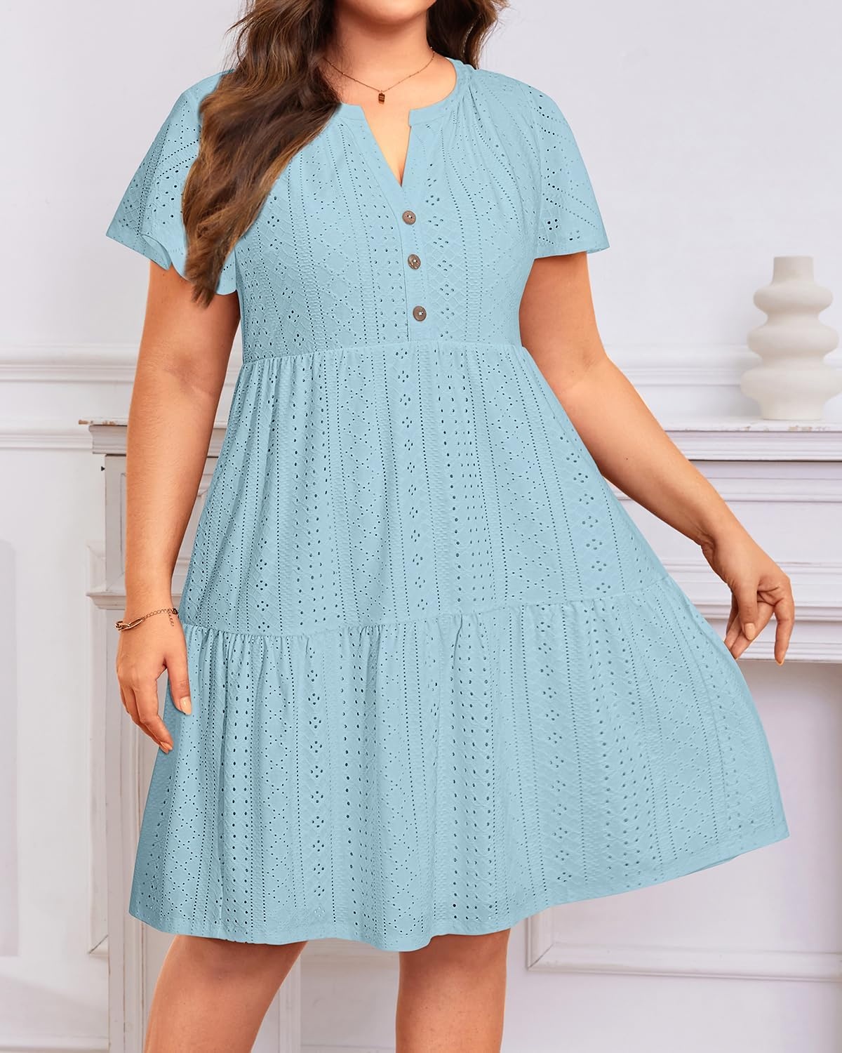 Plus Size Summer Dress – Casual Sundress Beach Short Sleeve V Neck Tiered Button Up Boho Midi Flowy Sun Dresses Women(Light Blue Eyelet)