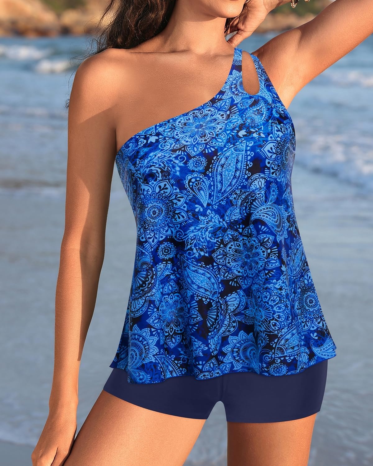Women Tankini with Shorts – Two Piece Bathing Suits One Shoulder Tummy Control Swimsuit 2025 Flowy Swimwear(Blue Paisley)