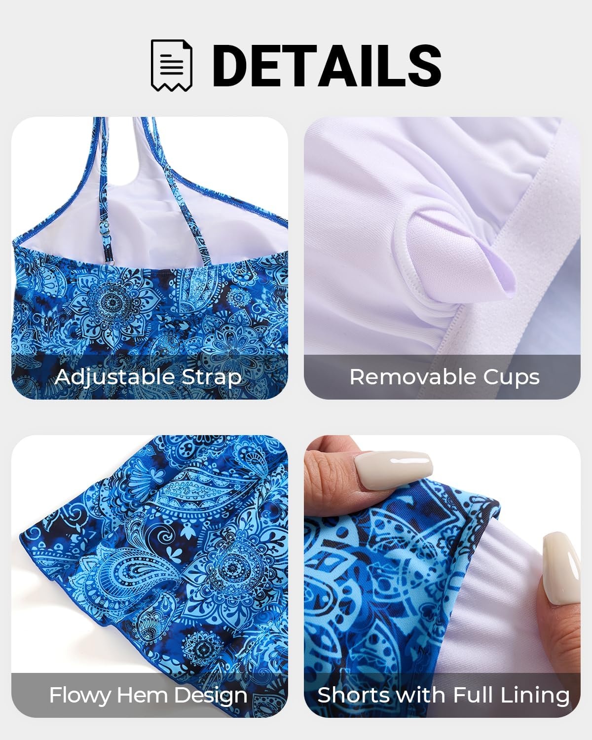 Women Tankini with Shorts – Two Piece Bathing Suits One Shoulder Tummy Control Swimsuit 2025 Flowy Swimwear(Blue Paisley)
