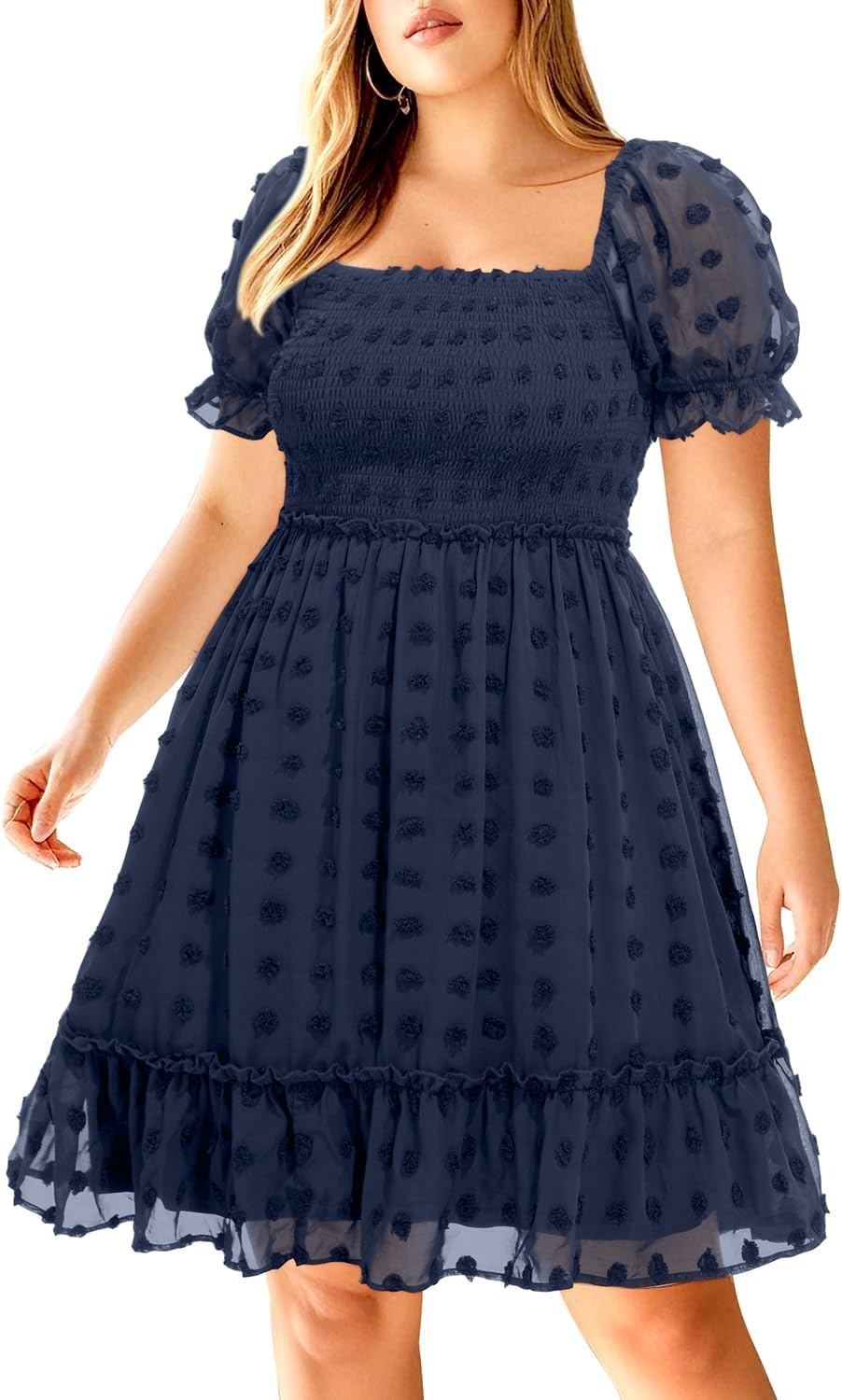 Plus Size Square Neck Puff Sleeve Swiss Dot Graduation Dress(Navy Blue)