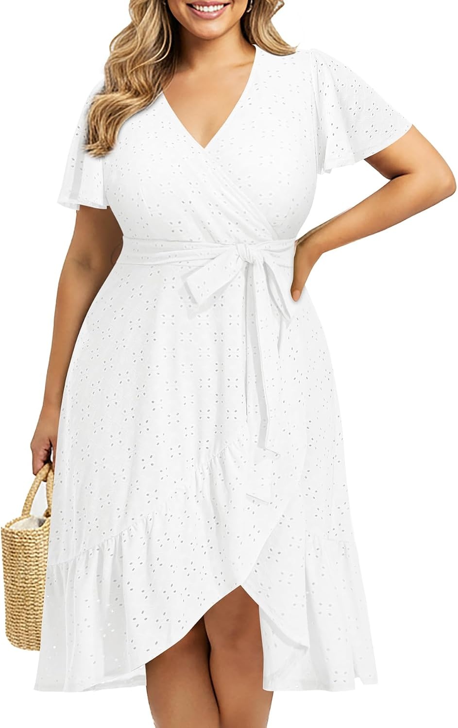 Plus Size Summer Dress – Casual Midi Eyelet V Neck A Line Dress for Women | Plus size casual dress, breathable eyelet material, short sleeve wrap V-neck with belt and A-line style for curvy women.(White)
