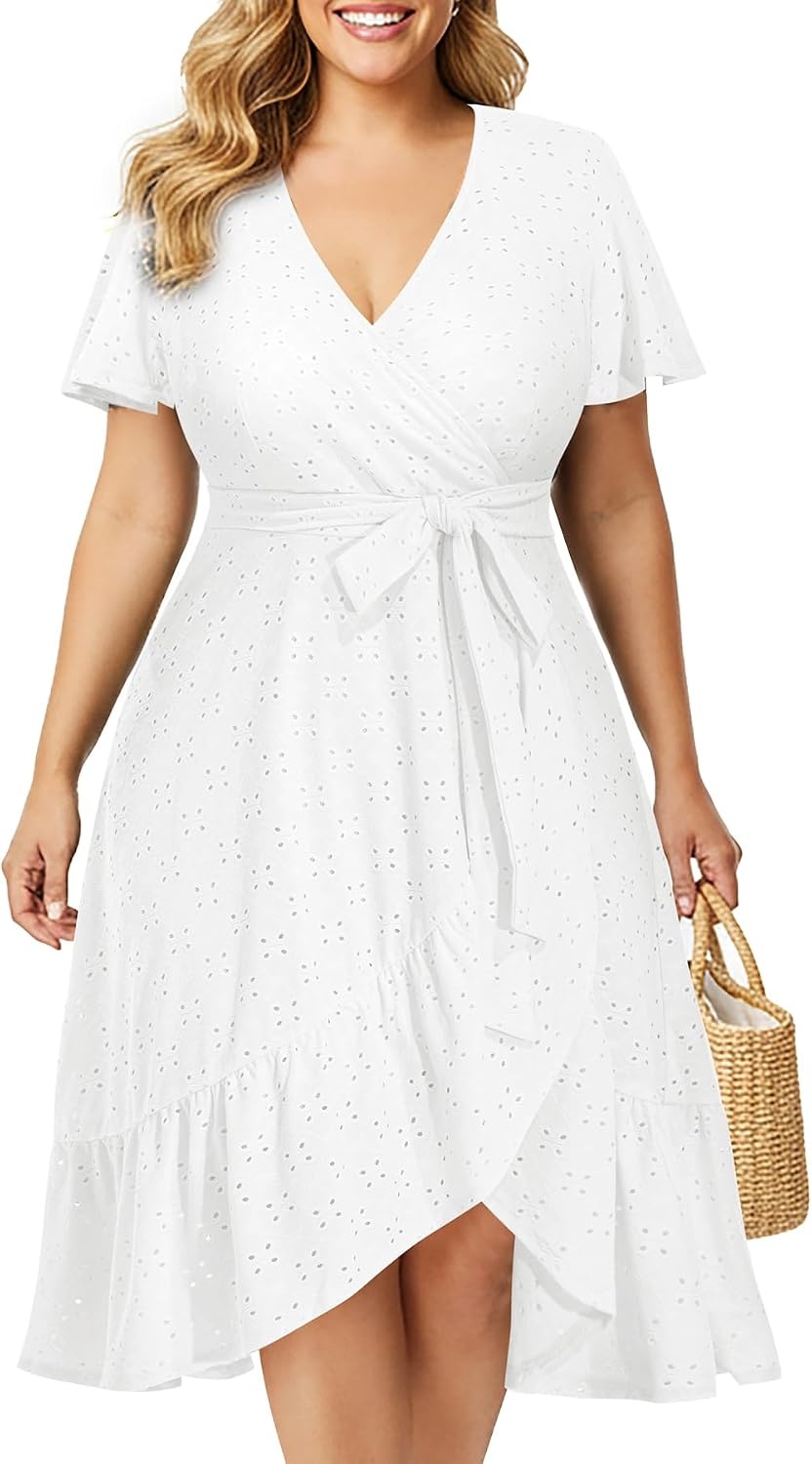 Plus Size Summer Dress – Casual Midi Eyelet V Neck A Line Dress for Women | Plus size casual dress, breathable eyelet material, short sleeve wrap V-neck with belt and A-line style for curvy women.(White)