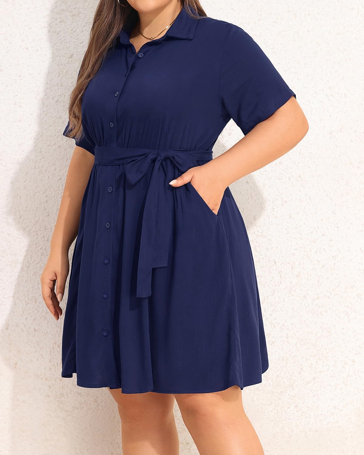Talisea Plus Size Summer Shirt Dress with Pockets for Women(Navy Blue)