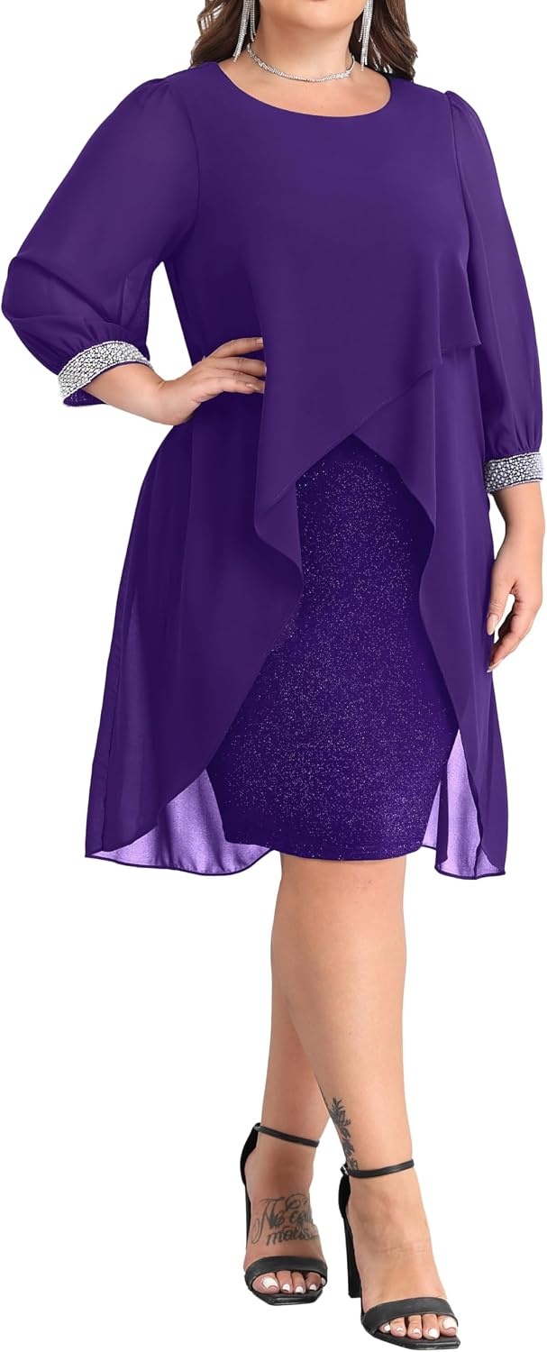 Talisea Plus Size Wedding Guest Dress – Glitter Cape Sleeve Cocktail Dress | Elegant chiffon cape 3/4 sleeves glitter evening party cocktail dress, formal church style for curvy wedding guests.(Purple)