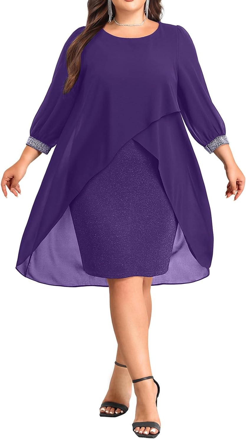 Talisea Plus Size Wedding Guest Dress – Glitter Cape Sleeve Cocktail Dress | Elegant chiffon cape 3/4 sleeves glitter evening party cocktail dress, formal church style for curvy wedding guests.(Purple)