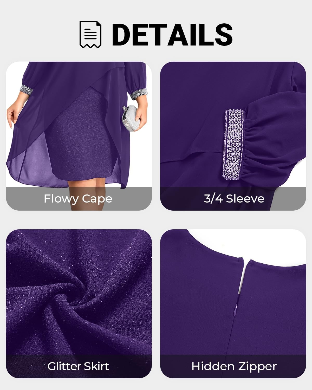 Talisea Plus Size Wedding Guest Dress – Glitter Cape Sleeve Cocktail Dress | Elegant chiffon cape 3/4 sleeves glitter evening party cocktail dress, formal church style for curvy wedding guests.(Purple)
