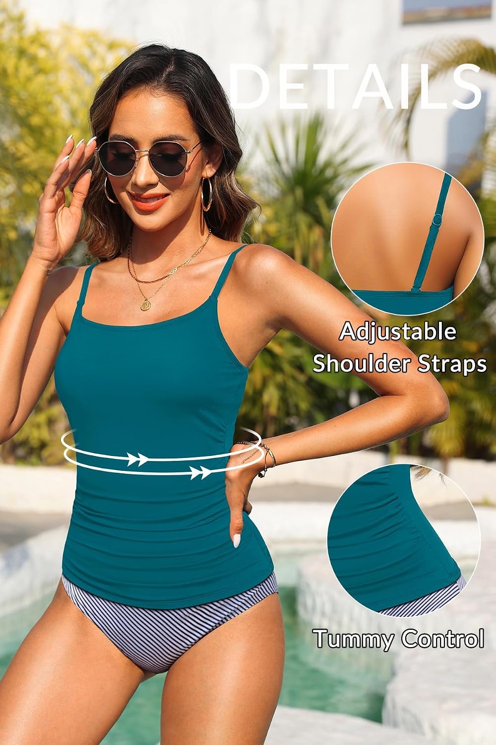 Women’s Tankini Top Only Tummy Control Bathing Suits Top U Neck Swimwear Tops No Bottom(Teal)