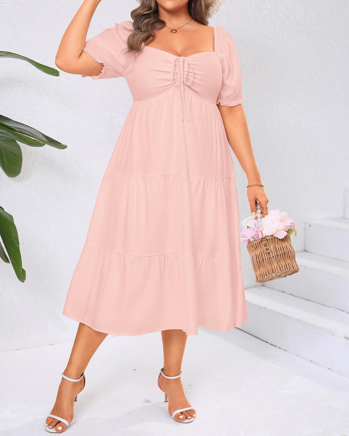 Plus Size Summer Dresses – Sweetheart Neck Drawstring Puff Sleeve Casual Tiered Aline Flowy Midi Dress(Pink)
