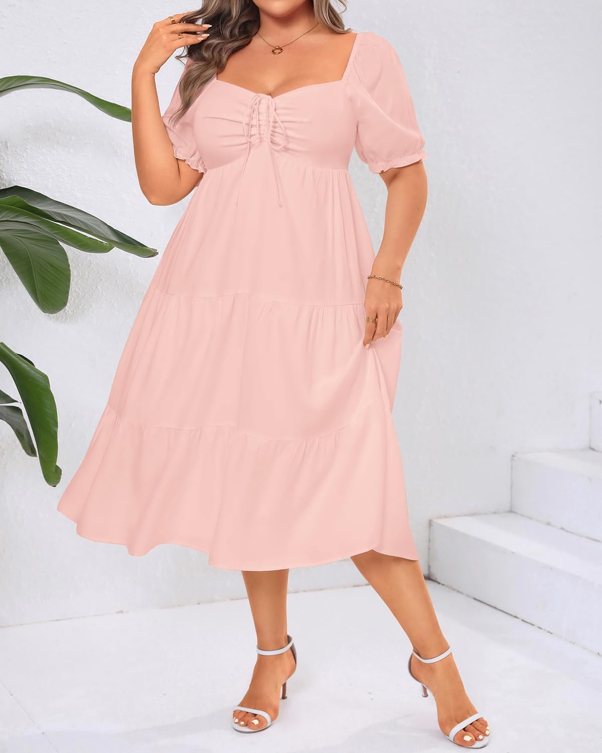 Plus Size Summer Dresses – Sweetheart Neck Drawstring Puff Sleeve Casual Tiered Aline Flowy Midi Dress(Pink)