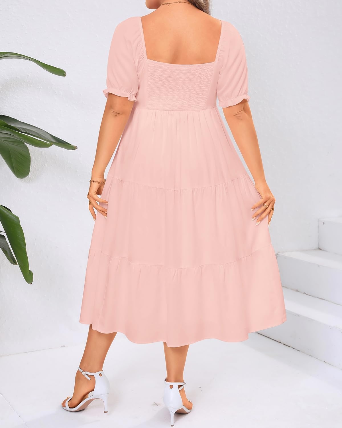Plus Size Summer Dresses – Sweetheart Neck Drawstring Puff Sleeve Casual Tiered Aline Flowy Midi Dress(Pink)