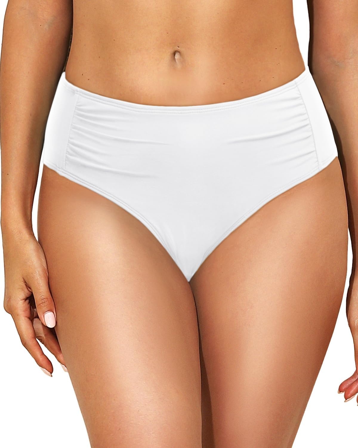 Talisea Women Full Coverage Bikini Bottoms – Mid Rise Bathing Suit Ruched Swim Bottom Swimsuit Swimwear(White)