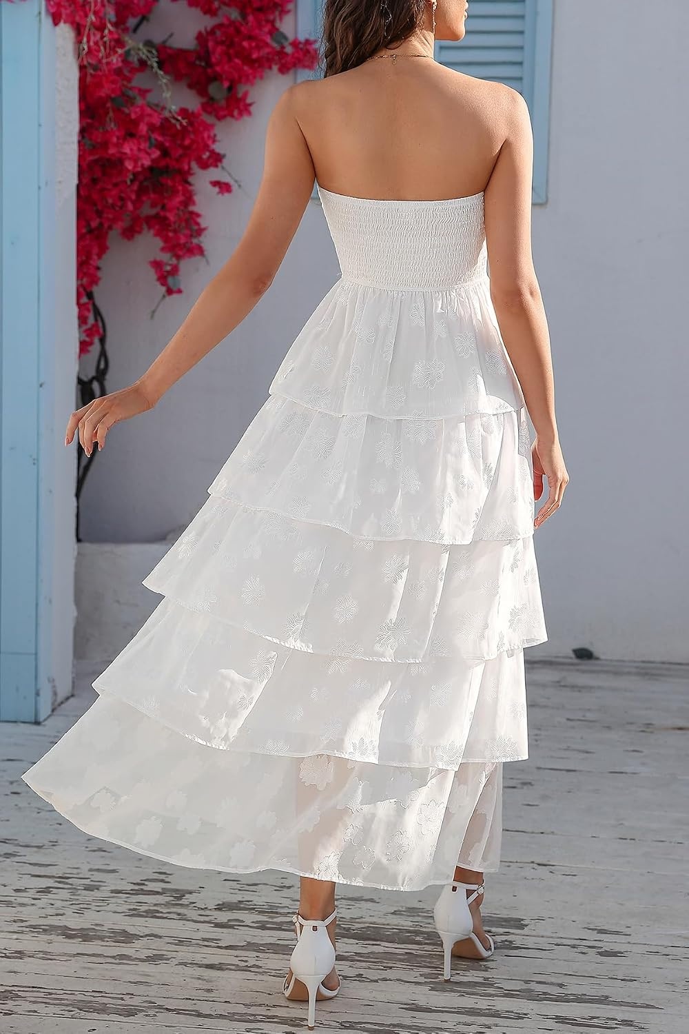 Talisea Wedding Guest Dress Jacquard Strapless Smocked Tiered Maxi Dress(White)
