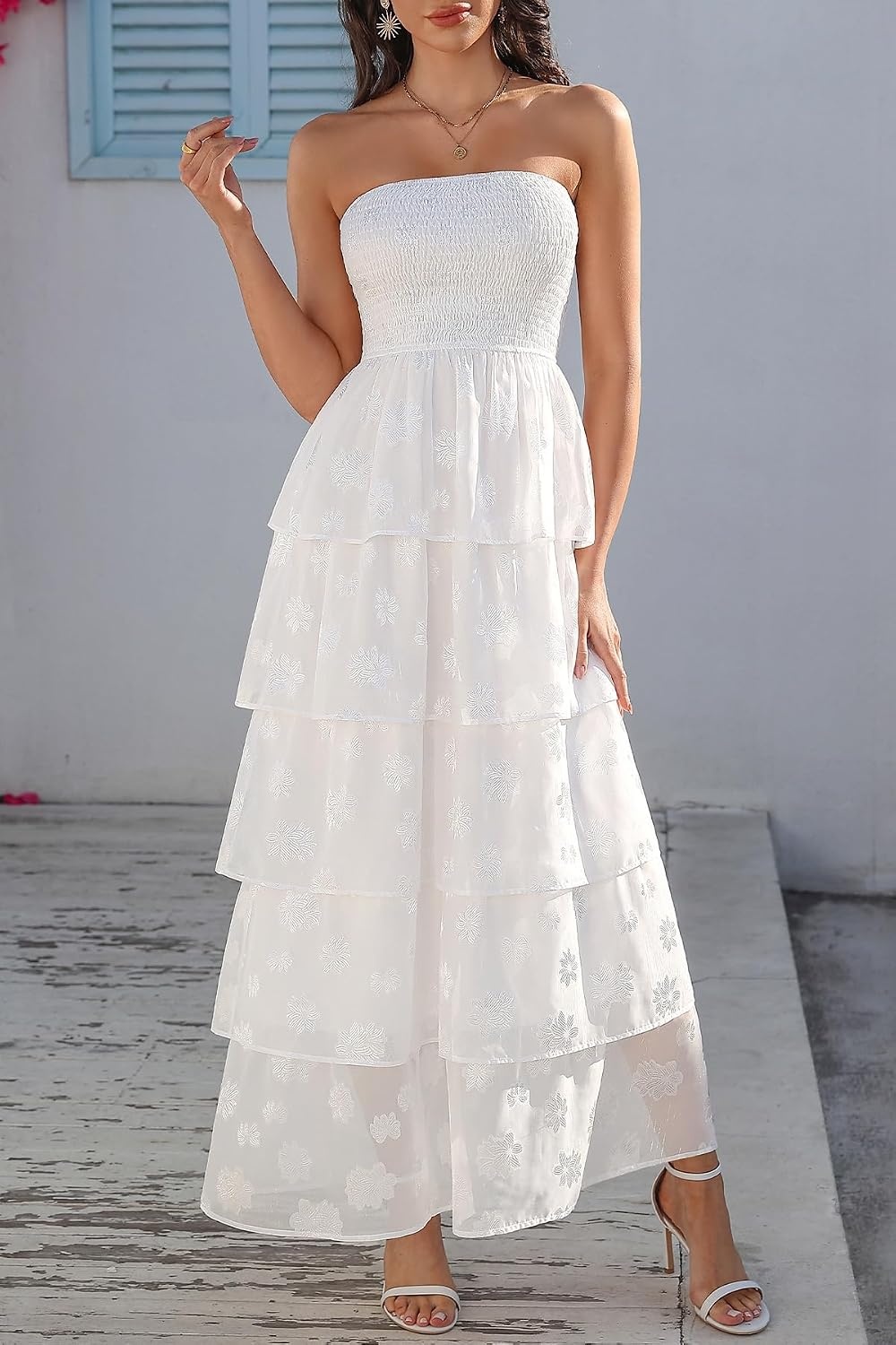 Talisea Wedding Guest Dress Jacquard Strapless Smocked Tiered Maxi Dress(White)