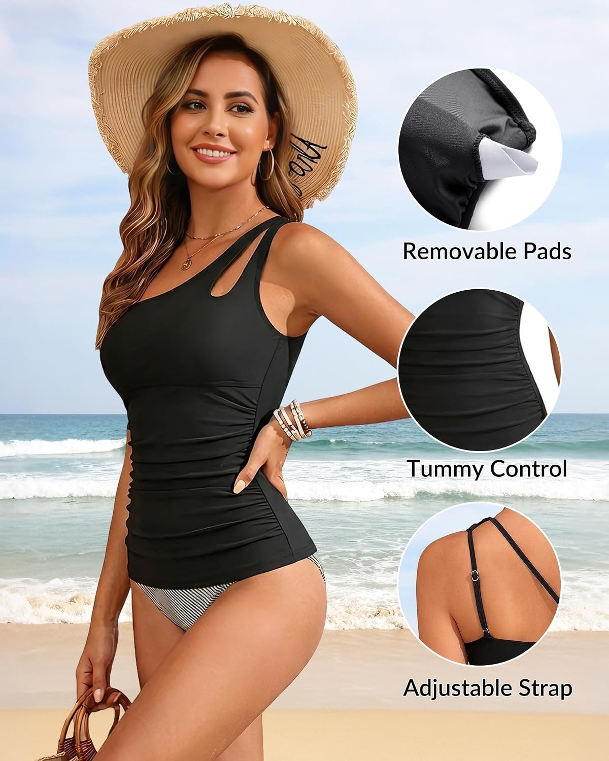 Tankini Tops for Women Swimwear – One Shoulder Swim Top Only Tummy Control Bathing Suit Top No Bottom 2025(Black)