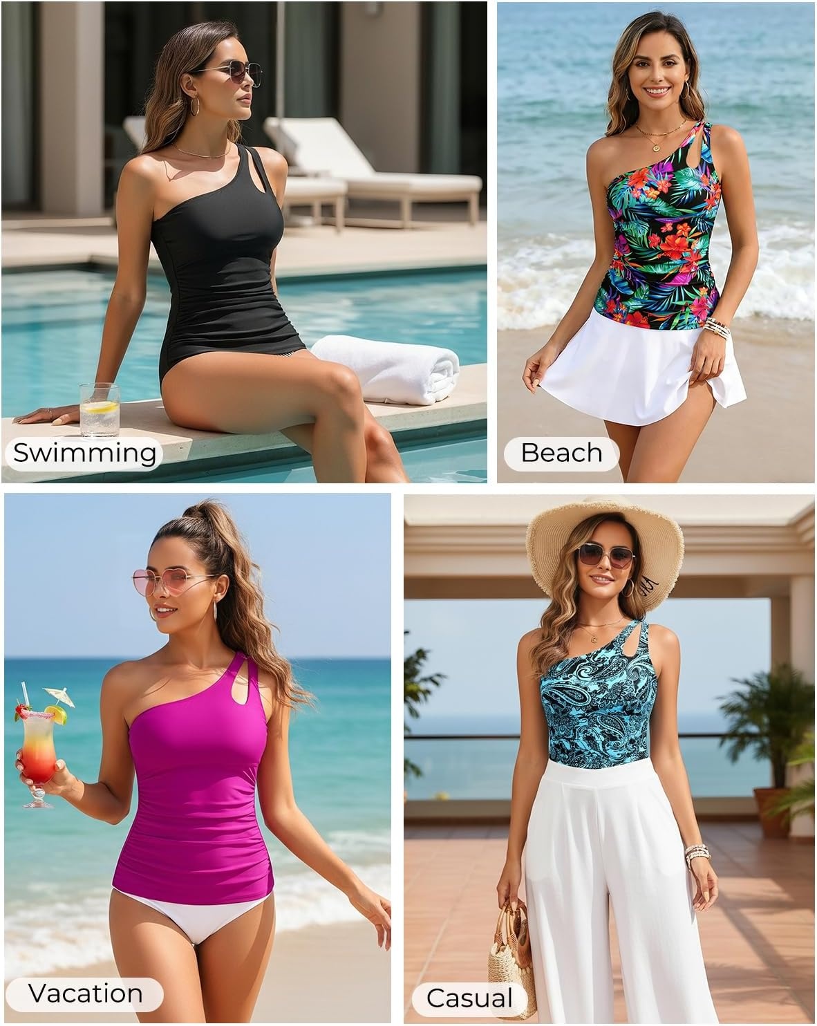Tankini Tops for Women Swimwear – One Shoulder Swim Top Only Tummy Control Bathing Suit Top No Bottom 2025(Black)