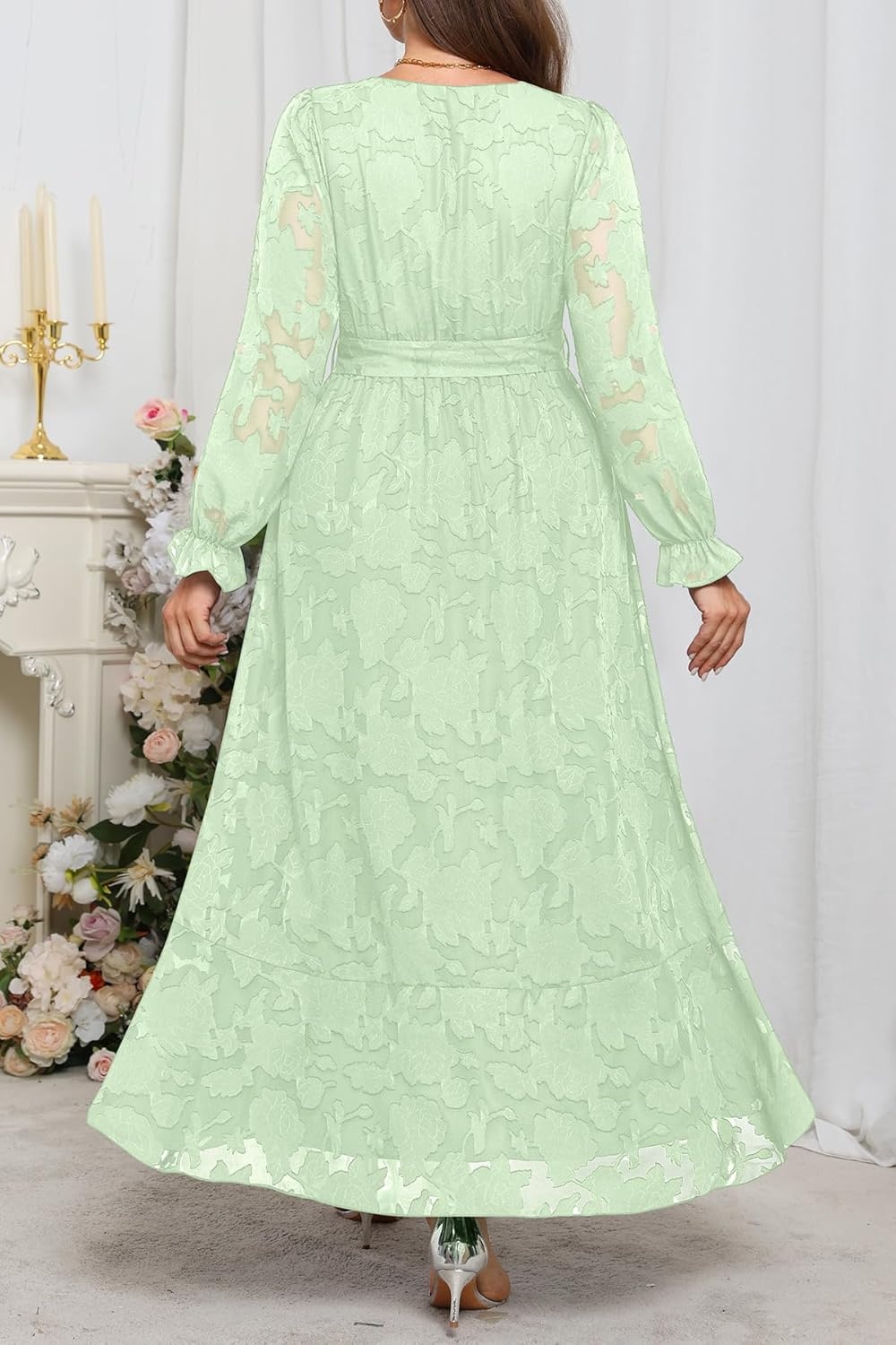 Plus Size Dresses Wedding Guest – Fall Semi Formal Floral Long Sleeve Wrap V Neck High Low Maxi Dress with Belt Women(Sage Green)