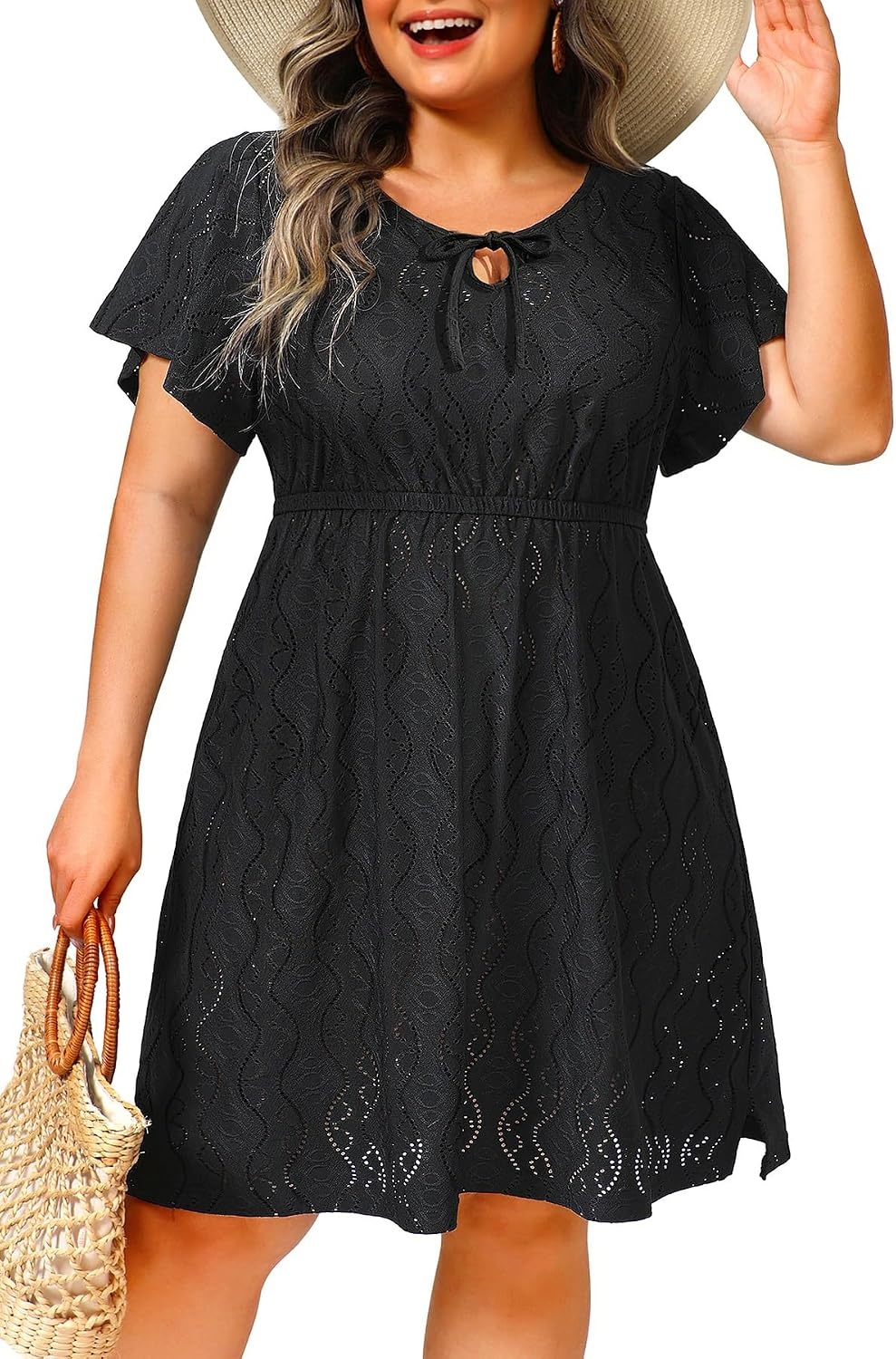 Talisea Plus Size Swimsuit Cover Up – Bathing Suit Coverup for Women | Casual summer beach swimsuit, eyelet crew neck style with short sleeves for bathing suit & swimwear coverup.(Black)