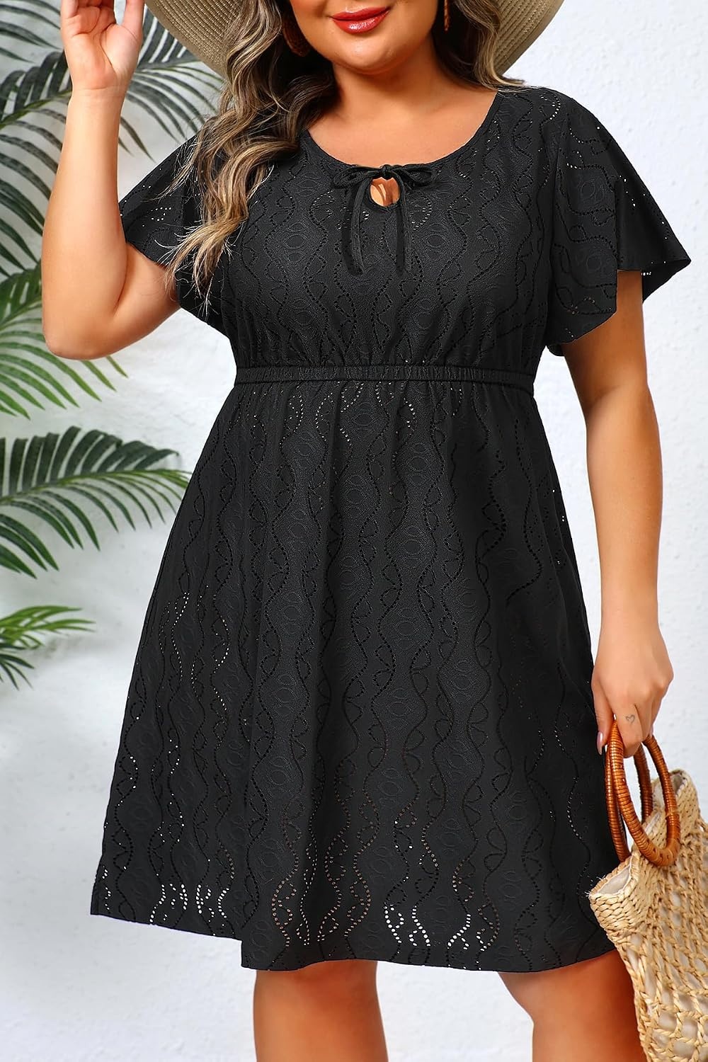Talisea Plus Size Swimsuit Cover Up – Bathing Suit Coverup for Women | Casual summer beach swimsuit, eyelet crew neck style with short sleeves for bathing suit & swimwear coverup.(Black)