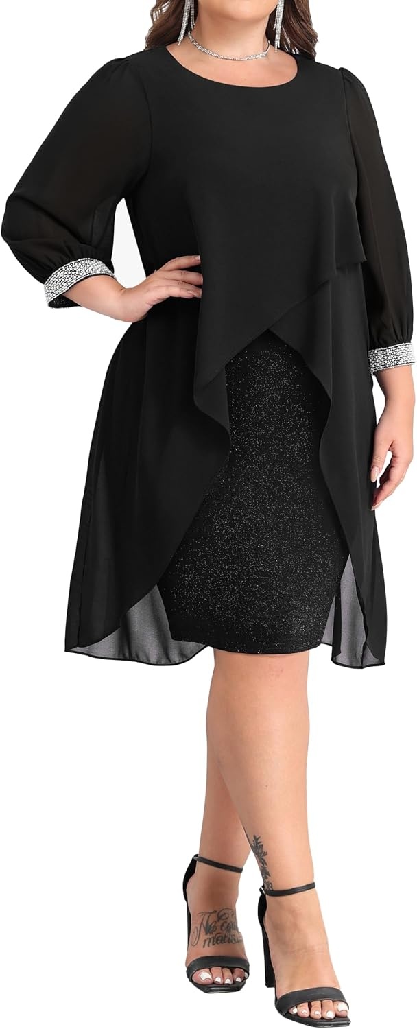 Talisea Plus Size Wedding Guest Dress – Glitter Cape Sleeve Cocktail Dress | Elegant chiffon cape 3/4 sleeves glitter evening party cocktail dress, formal church style for curvy wedding guests.(Black)