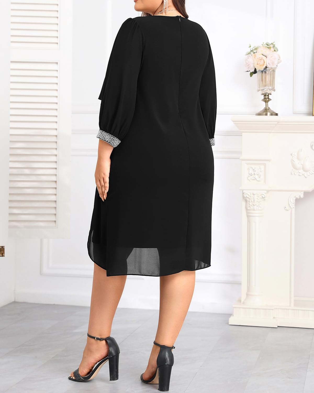 Talisea Plus Size Wedding Guest Dress – Glitter Cape Sleeve Cocktail Dress | Elegant chiffon cape 3/4 sleeves glitter evening party cocktail dress, formal church style for curvy wedding guests.(Black)