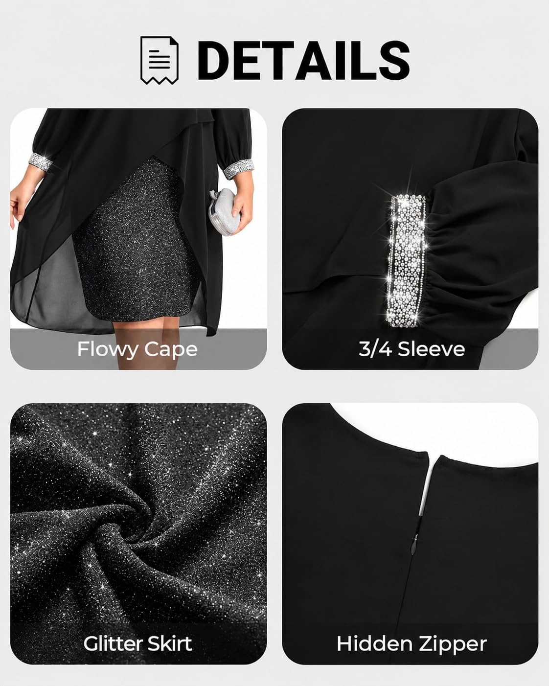 Talisea Plus Size Wedding Guest Dress – Glitter Cape Sleeve Cocktail Dress | Elegant chiffon cape 3/4 sleeves glitter evening party cocktail dress, formal church style for curvy wedding guests.(Black)