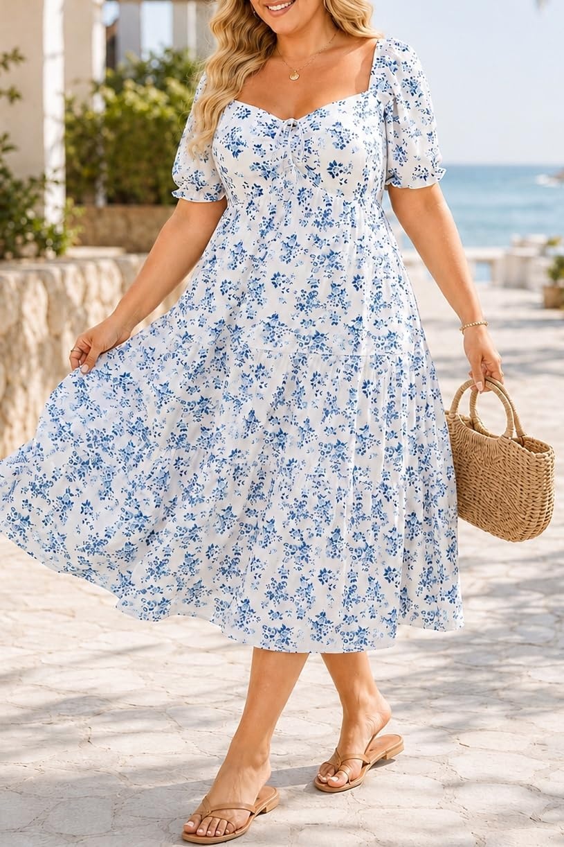 Talisea Plus Size Summer Dress – Casual A-line Flowy Midi Dress for Women | Casual A-line flowy dress, sweetheart neck with drawstring & puff sleeves, tiered midi style for summer, beach & graduation.(Blue Floral)