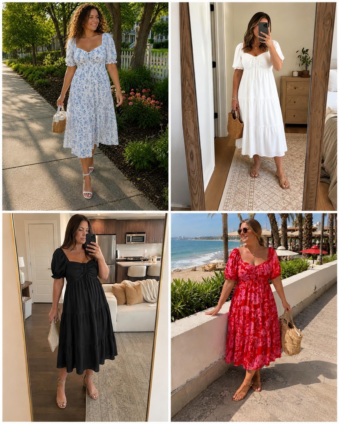 Talisea Plus Size Summer Dress – Casual A-line Flowy Midi Dress for Women | Casual A-line flowy dress, sweetheart neck with drawstring & puff sleeves, tiered midi style for summer, beach & graduation.(Blue Floral)
