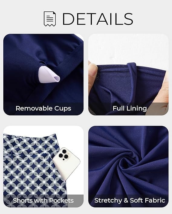 Tankini Swimsuits with Shorts – Tummy Control Bathing Suits with Pockets | High-neck tankini offers modest coverage. Flattering ruched front hides belly. Two side pockets for essentials.(Blue Geometry)
