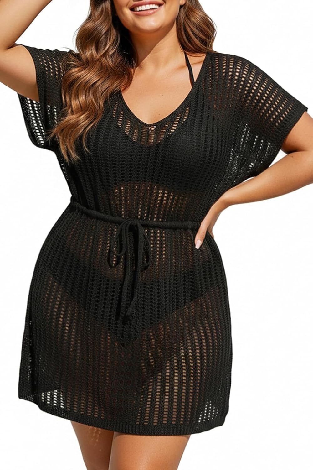 Talisea Plus Size Swimsuit Cover Up Women – Crochet Beach Romper Knit Bathing Suit Short Sleeve V Neck Swimwear Coverup Dress(Black)