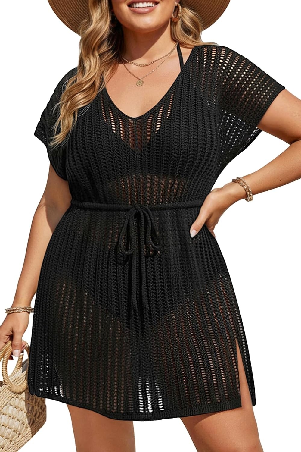 Talisea Plus Size Swimsuit Cover Up Women – Crochet Beach Romper Knit Bathing Suit Short Sleeve V Neck Swimwear Coverup Dress(Black)
