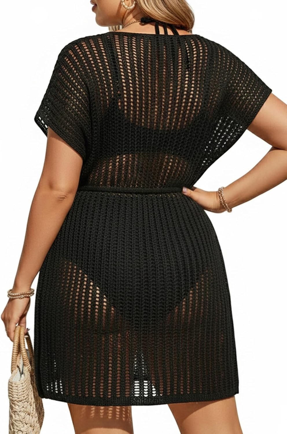 Talisea Plus Size Swimsuit Cover Up Women – Crochet Beach Romper Knit Bathing Suit Short Sleeve V Neck Swimwear Coverup Dress(Black)