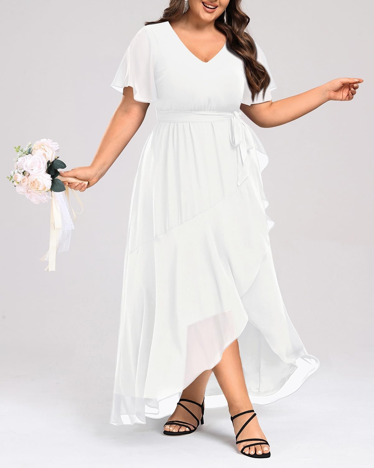 Talisea Womens Plus Size Long Dress Chiffon High Low Split Ruffle Evening Bridesmaid Wedding Guest Formal Maxi Dresses(White)