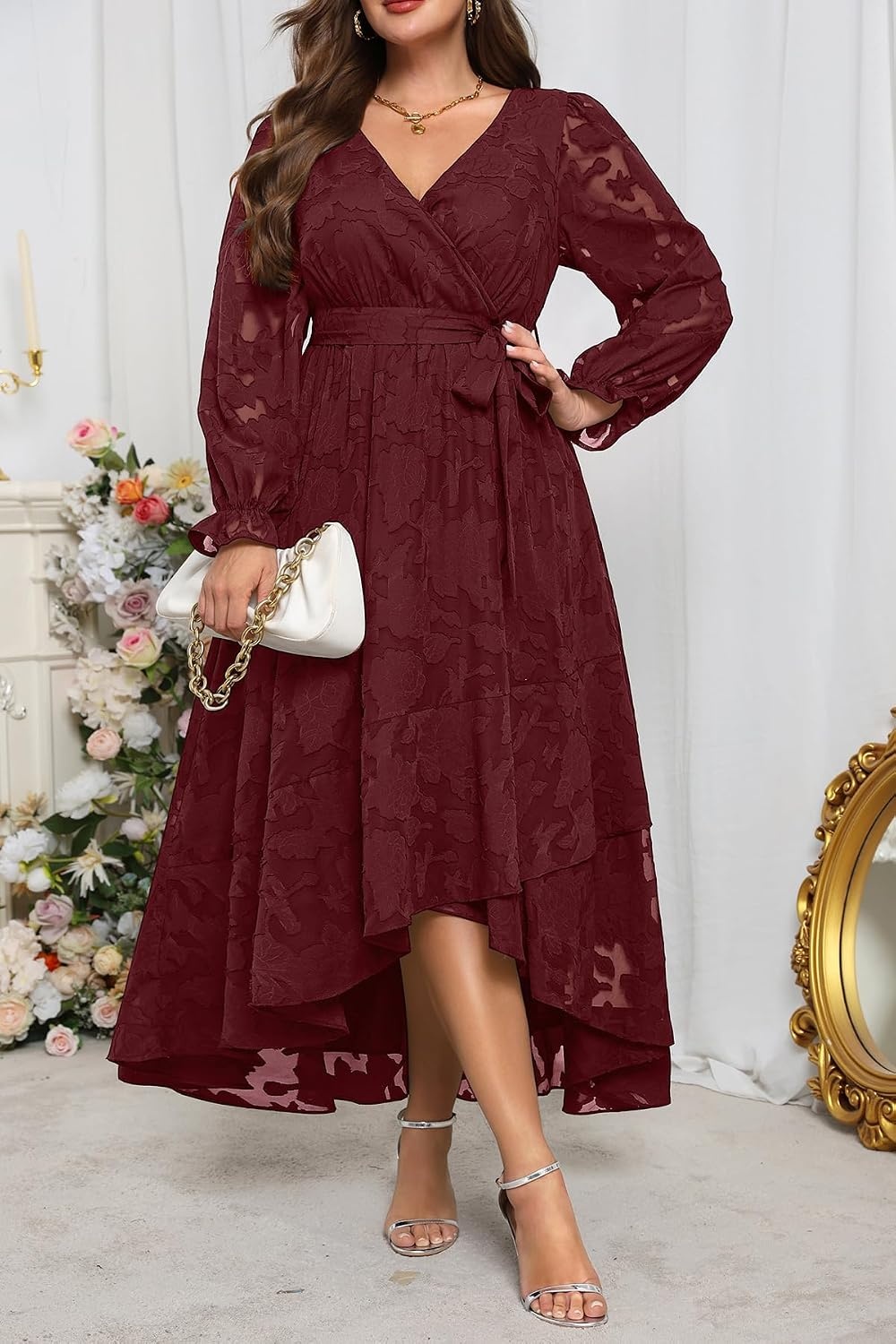 Plus Size Dresses Wedding Guest Fall Floral Long Sleeve Maxi Dress Women(Burgundy)