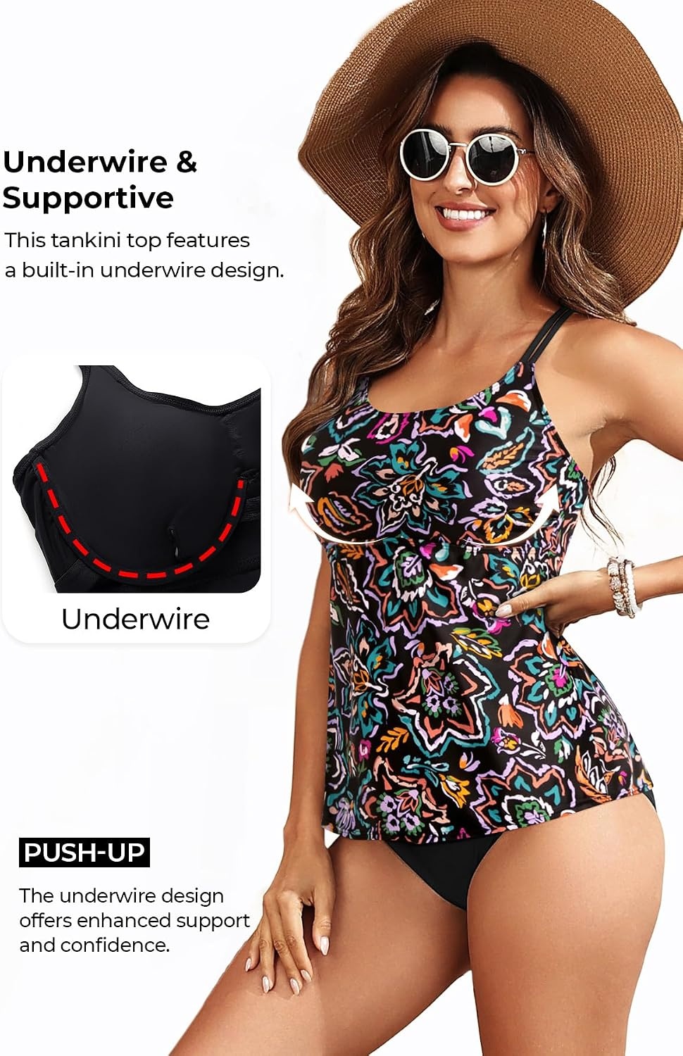 Women Underwire Tankini Top Only – Supportive Flowy Swimsuit Top(Colorful Paisley)