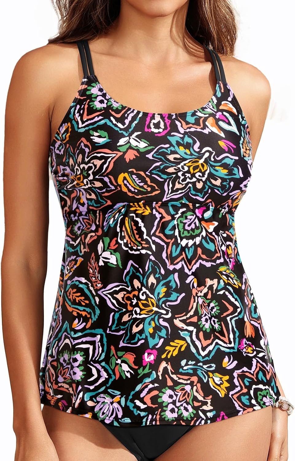 Women Underwire Tankini Top Only – Supportive Flowy Swimsuit Top(Colorful Paisley)