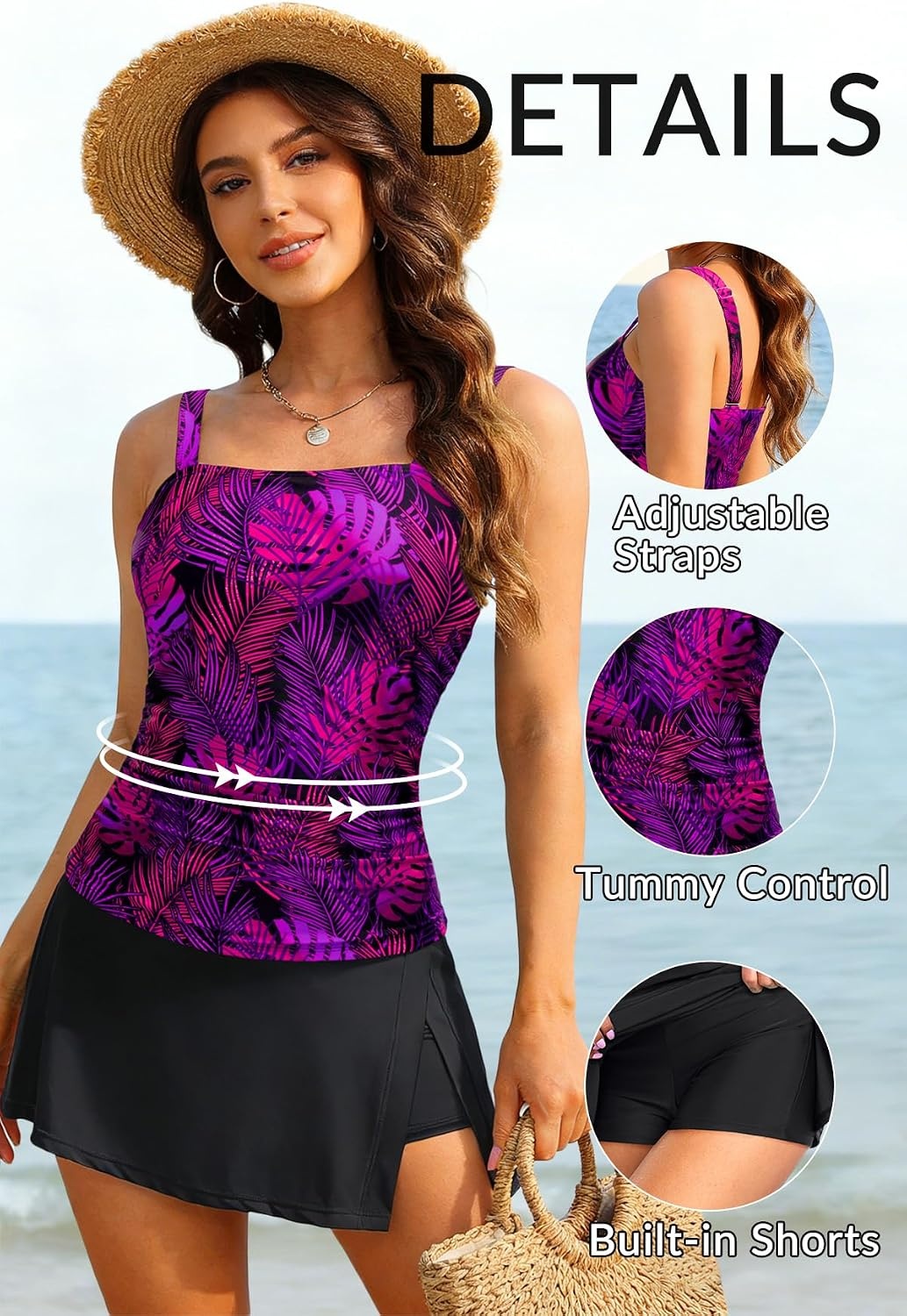 Talisea Womens Two Piece Tankini Bathing Suits with Skirt Tummy Control Swimsuits Ladies Swimwear(Purple Leaves)