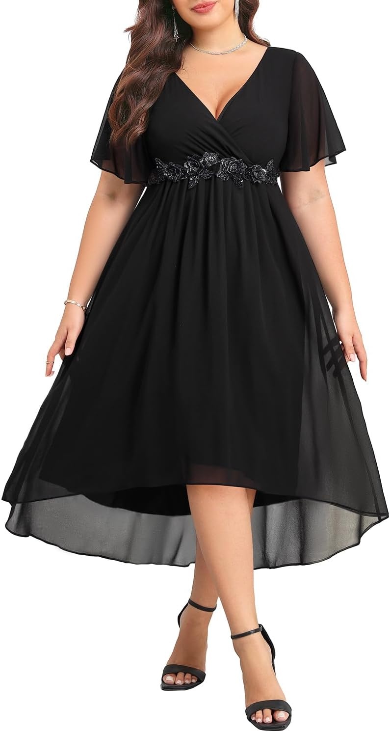 TALISEA Plus Size Dresses Wedding Guest – Formal Cocktail Chiffon Appliques V Neck Ruffle Short Sleeve High Low Dress Women(Black)