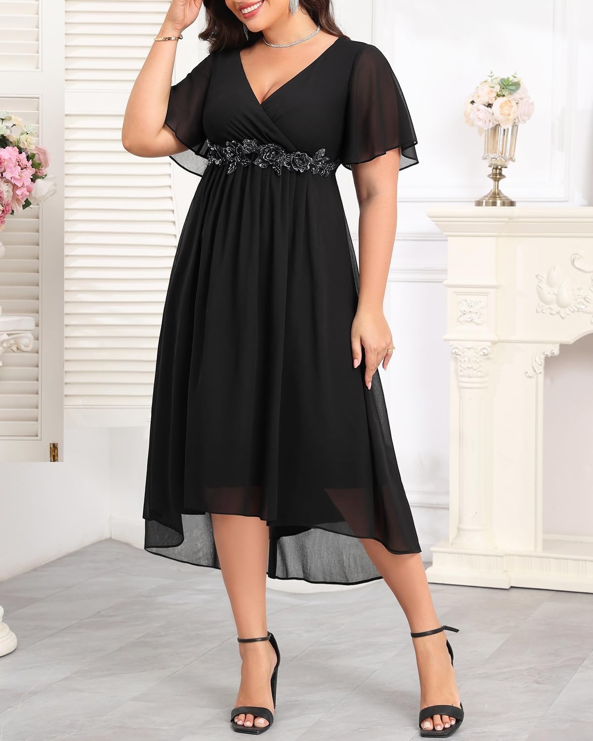 TALISEA Plus Size Dresses Wedding Guest – Formal Cocktail Chiffon Appliques V Neck Ruffle Short Sleeve High Low Dress Women(Black)