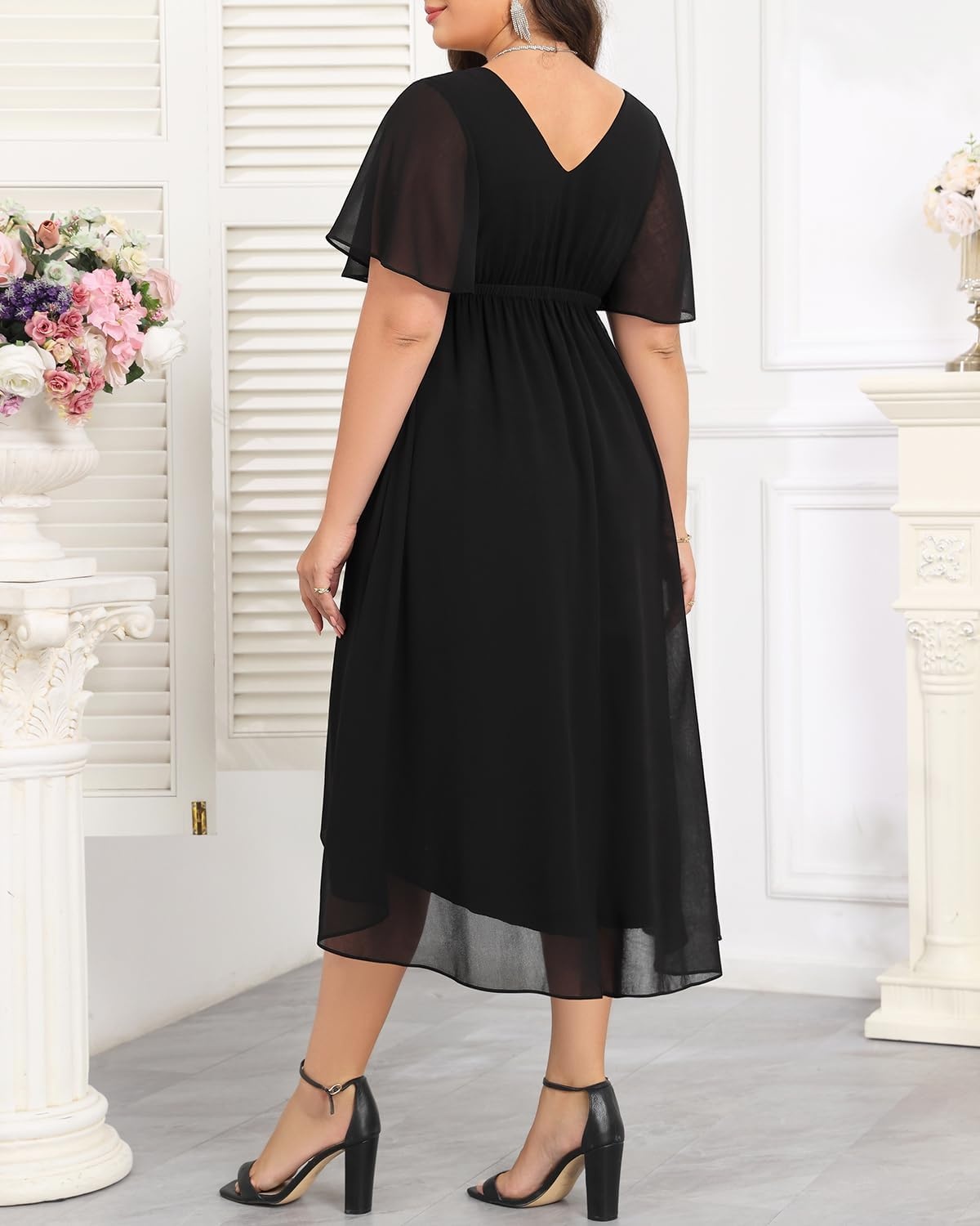 TALISEA Plus Size Dresses Wedding Guest – Formal Cocktail Chiffon Appliques V Neck Ruffle Short Sleeve High Low Dress Women(Black)