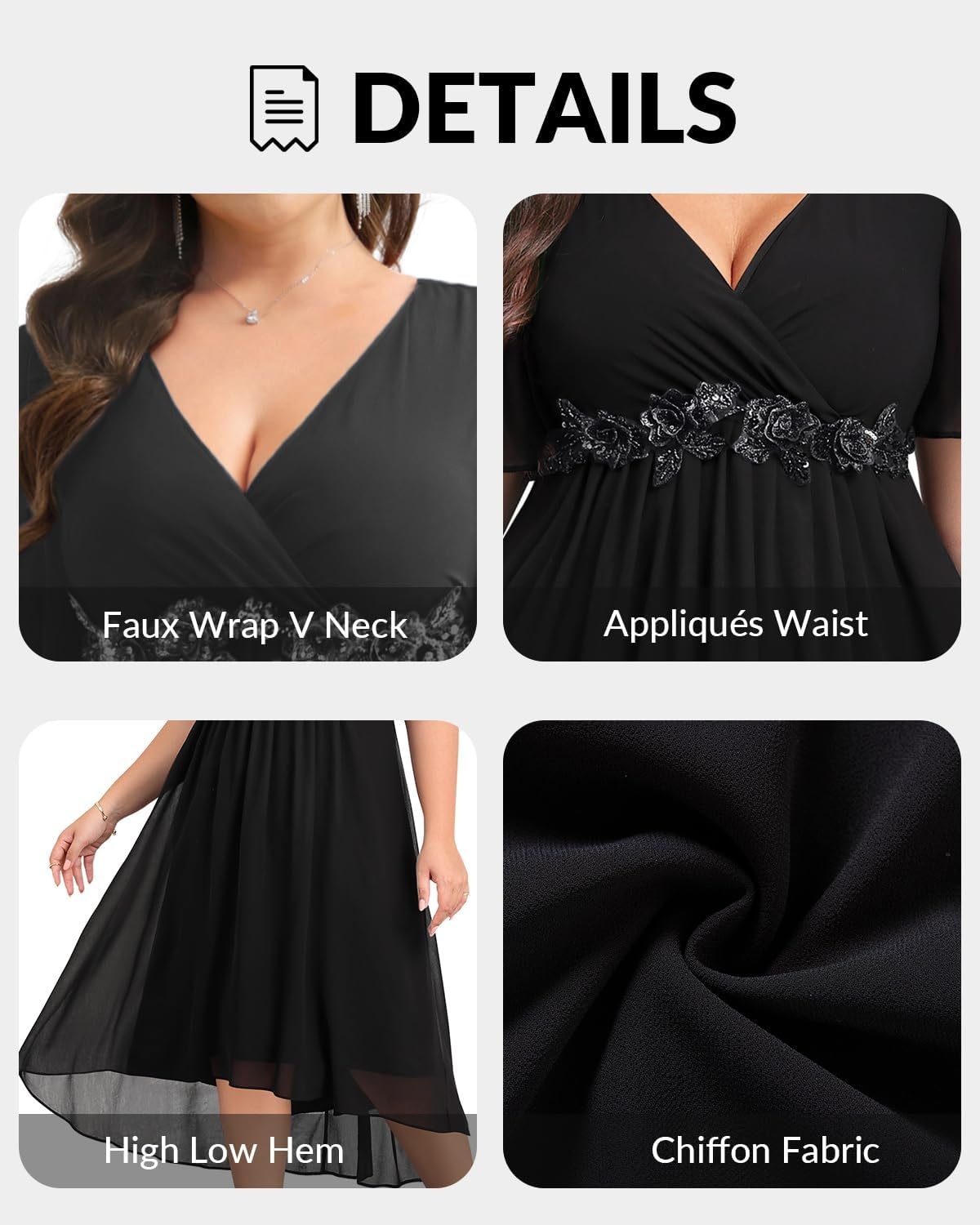 TALISEA Plus Size Dresses Wedding Guest – Formal Cocktail Chiffon Appliques V Neck Ruffle Short Sleeve High Low Dress Women(Black)