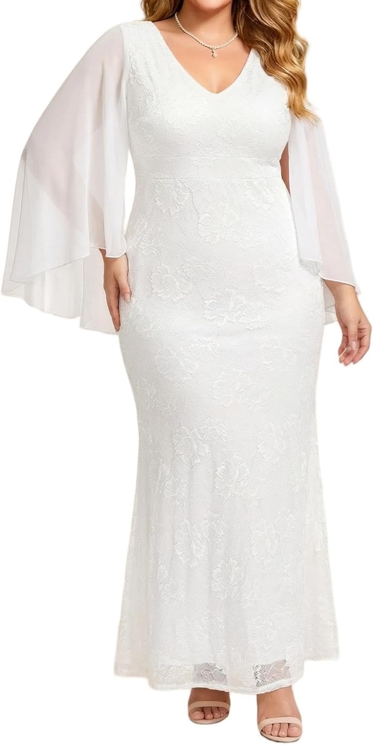Plus Size Formal Dresses – Chiffon Capelet Ruffle Sleeves V Neck Lace Mermaid Evening Gown Prom Long Maxi Dresses 2025(White)