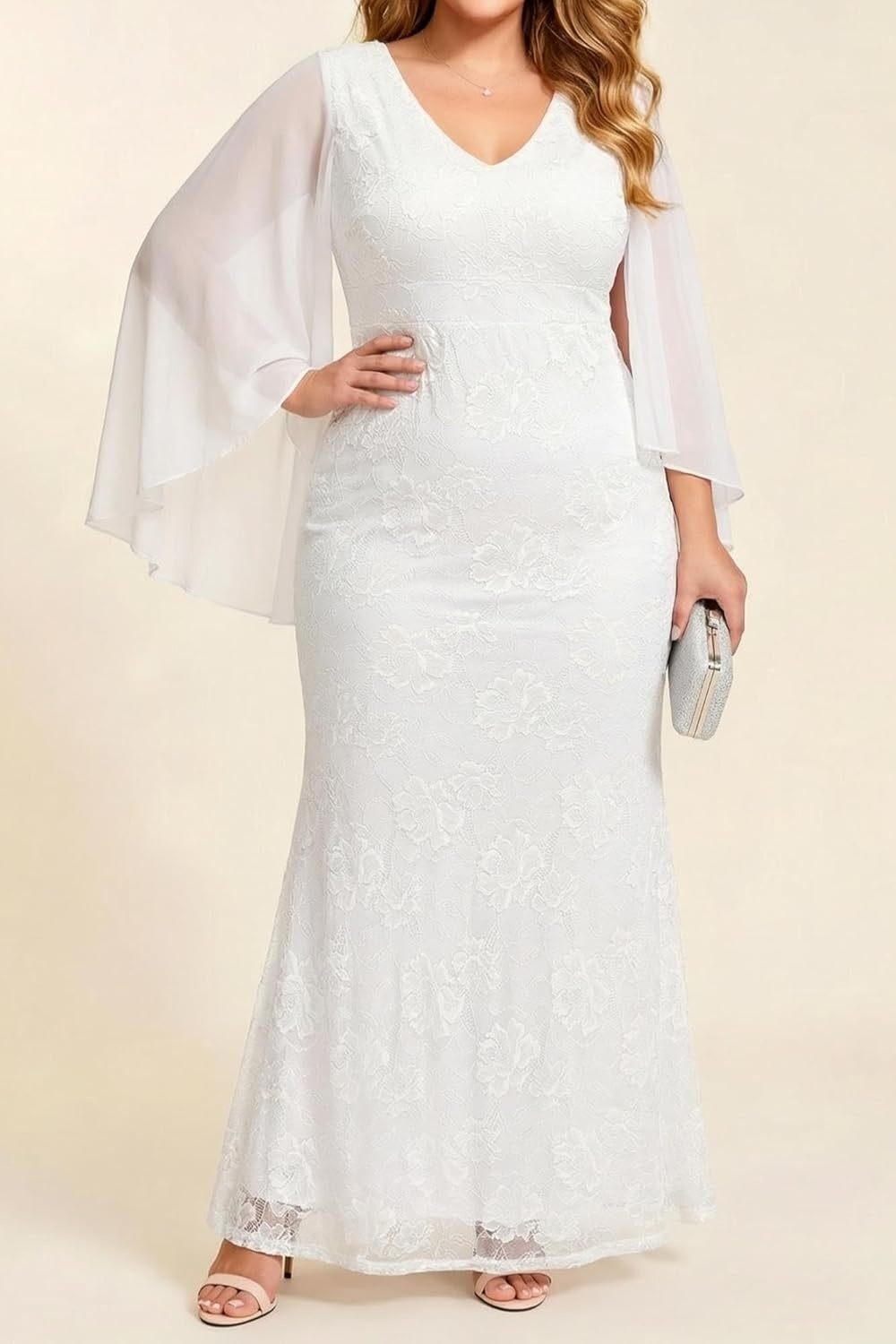 Plus Size Formal Dresses – Chiffon Capelet Ruffle Sleeves V Neck Lace Mermaid Evening Gown Prom Long Maxi Dresses 2025(White)