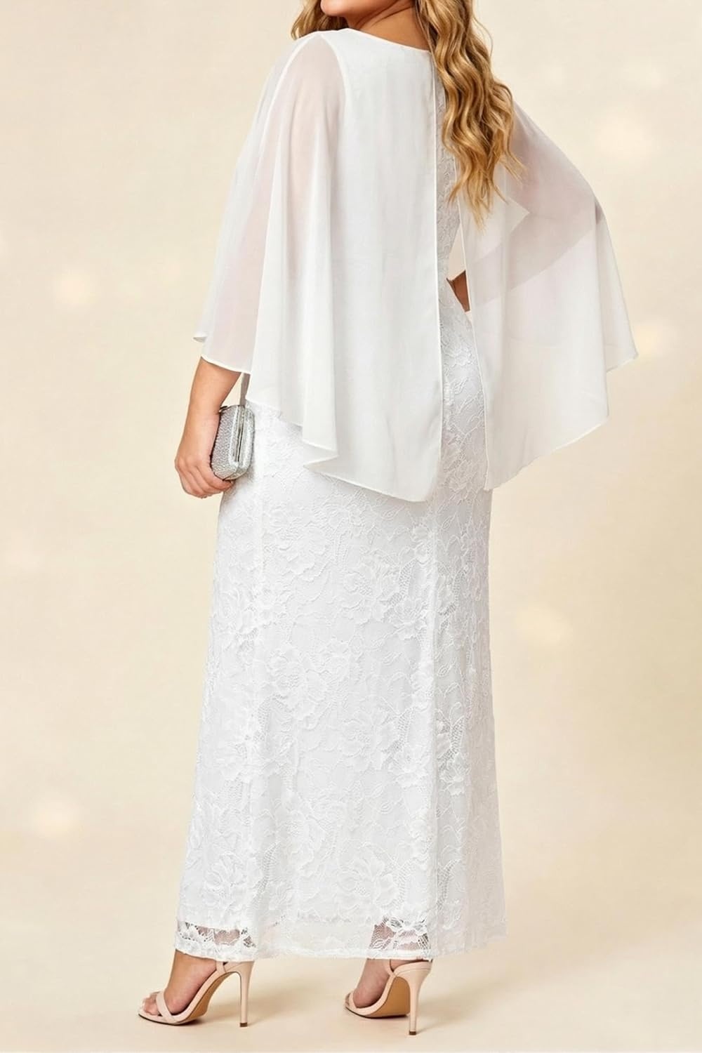 Plus Size Formal Dresses – Chiffon Capelet Ruffle Sleeves V Neck Lace Mermaid Evening Gown Prom Long Maxi Dresses 2025(White)