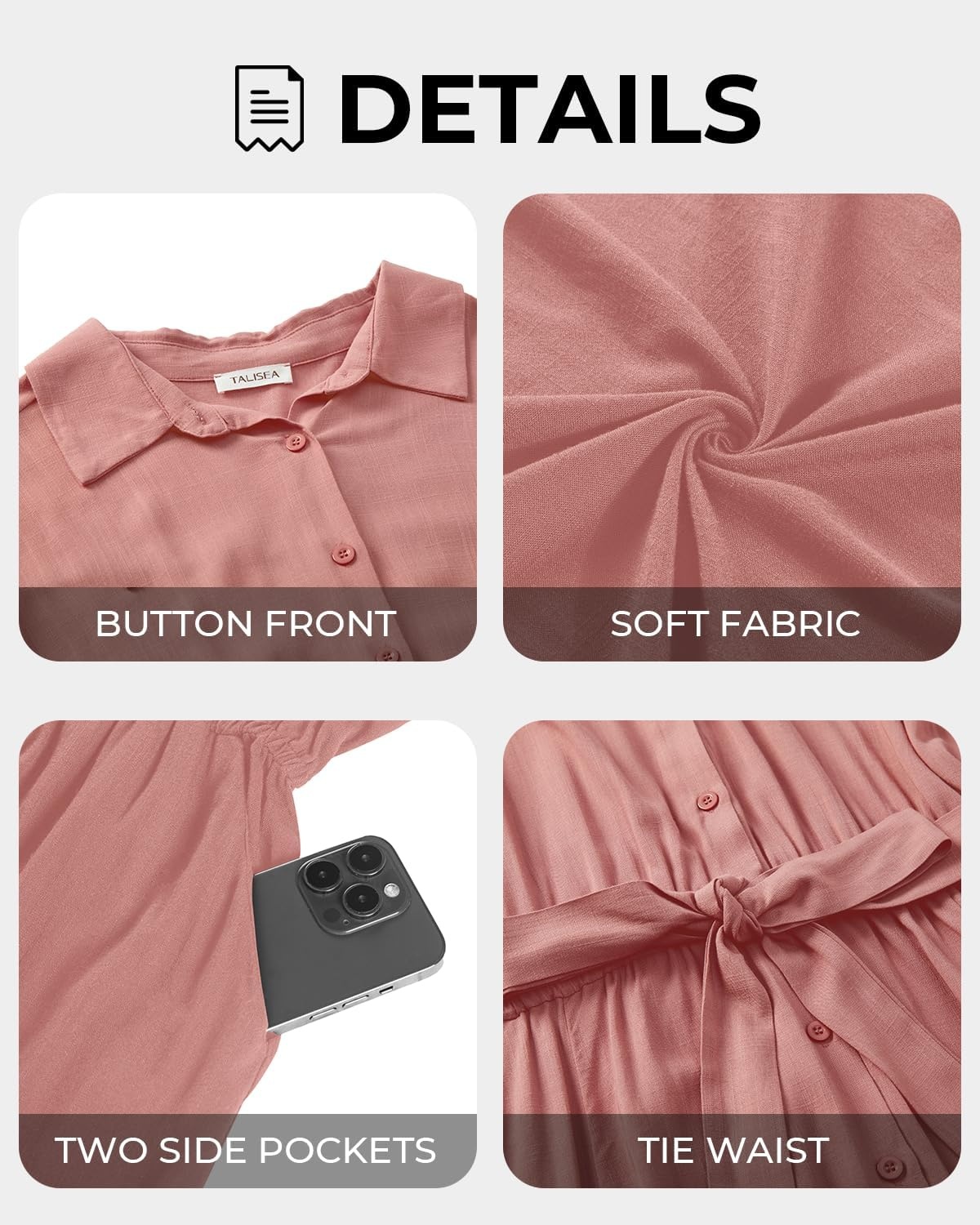 Talisea Plus Size Summer Dress – Work Shirt Dress with Pockets Women | Casual summer dress, work shirt dress, short sleeve button down style, collared design with belt and pockets.(Pink)