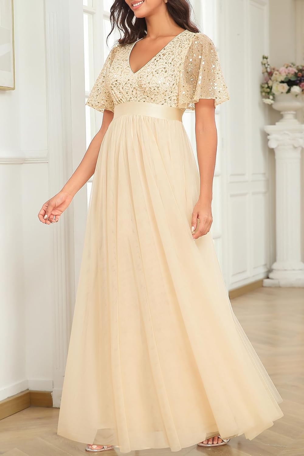 Formal Dresses for Women Prom Evening Gown Sequin Tulle V Neck Ruffle Short Sleeve Empire Waist A Line Long Dress(Gold)